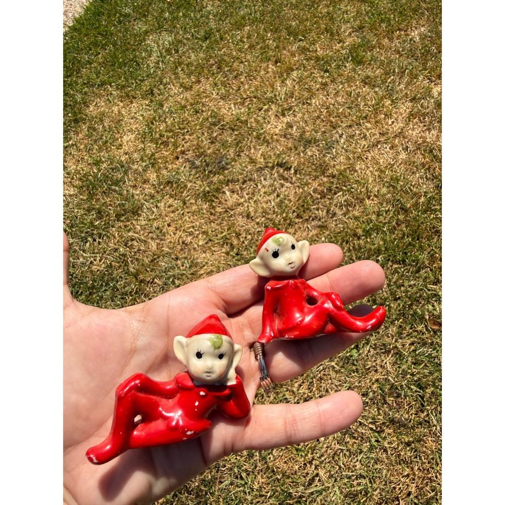 Vintage Ceramic Pixie Elf Figurines Japan Red Christmas Shelf Sitters Set of 2